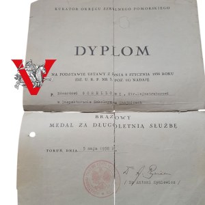 II RP, Diploma of bestowal, Bronze Medal for long service, Torun Chojnice