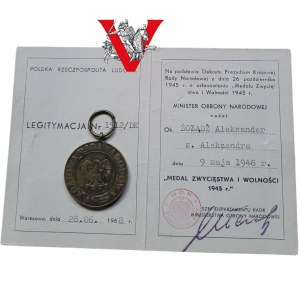 Medal Zwycięstwa i Wolności, Ndanie z 1946 roku, Legitymacja