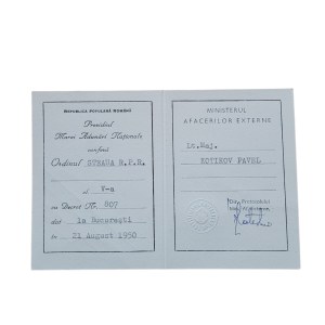 Legitimation for the awarding of the Order of the Romanian Star of the Fifth Class - Colonel Pavel Kotikov, special services of Romania (1950)