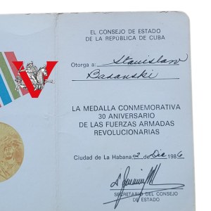 Legitimation for the awarding of the Cuban Revolutionary Armed Forces 30th Anniversary Medal - to Pole Stanislaw Baranski (1986)