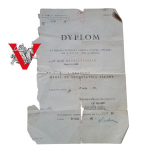 PKP Warsaw, Railway Directorate, Medal for Long Service, Diploma of Award 1938
