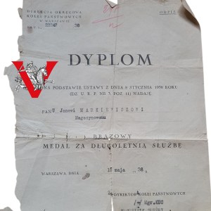 PKP Warsaw, Railway Directorate, Medal for Long Service, Diploma of Award 1938