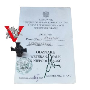 Powstanie Warszawskie, porucznik Józef Żabowski, Dywizjon Motorowy AK, Odznaka Weterana Walk o Niepodłość, Legitymacja
