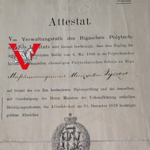 CAR RUSSIA - Riga Polytechnic, Diploma of awarding gold badge - 1897, Polish nobleman, unique.