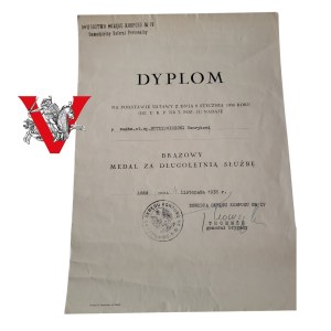 II RP - Dyplom nadania Brązowego Medalu za Długoletnią Służbę, podpis generała Wiktora Thommée, Łódź 1938