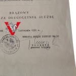 II RP - Dyplom nadania Brązowego Medalu za Długoletnią Służbę, podpis generała Wiktora Thommée, Łódź 1938
