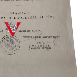 II RP - Diploma of awarding Bronze Medal for Long Service, signature of General Wiktor Thommée, Łódź 1938