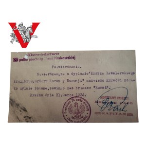 Romania Kingdom - Diploma of the Knight's Cross of the Order of the Crown of Romania, 1923 | Officer of the 20th Infantry Regiment of the Land of Kraków | RZADKOŚ.