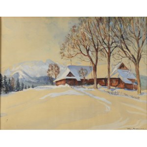 Stefan FILIPKIEWICZ (1879-1944), Pejzaż zimowy z chatami