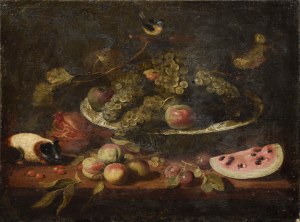 Painter unspecified, 18th century, Still life with grapes, tit and gerbil