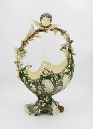 EICHWALD - Majolica and Faience Manufactory, Decorative basket with stick with angel head