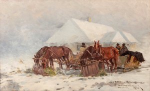 Leonard Winterowski (1868 Kraków - 1927), Winter stop in front of a hut, 1924.