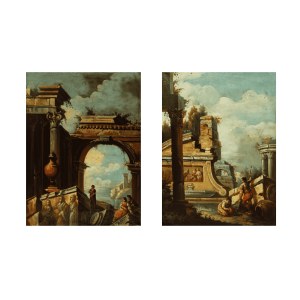 Krąg Giovanniego Paolo Paniniego (1691-1765) (XVIII w.), Pejzaże z ruinami (para obrazów)