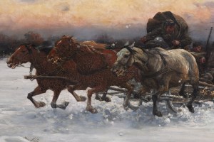 Alfred Wierusz-Kowalski (1849 Suwalki - 1915 Munich), Trójka ścigana przez wilki (Escape from Wolves), po/or 1894