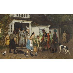 Antoni Kozakiewicz (1841 Kraków - 1929 Kraków), Ostrzenie szabel przed bitwą, 1875