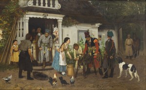 Antoni Kozakiewicz (1841 Kraków - 1929 Kraków), Sharpening sabers before battle, 1875