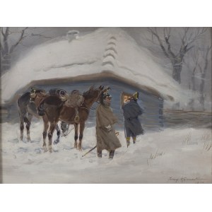 Jerzy Kossak (1886 Kraków - 1955 Kraków), Ułani przy chacie, 1933