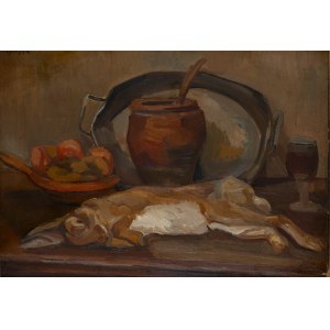 Henryk Epstein (1891 Łódź - 1944 obóz koncentracyjny, prawdopodobnie Auschwitz), Martwa natura z miską owoców i zającem, lata 20. XX w.