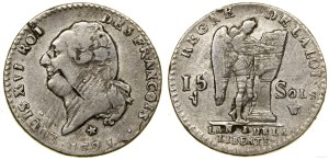 France, 15 soli, 1791 W, Lille