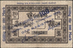 Poland. Szczecin 100 Marek 1922 Overprint 20 Marek 1918