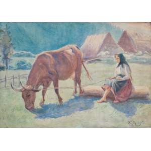 Jan Kazimierz OLPIŃSKI (1875-1936), Girl Grazing a Cow. Landscape from the Tuchla area, 1934