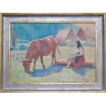 Jan Kazimierz OLPIŃSKI (1875-1936), Girl Grazing a Cow. Landscape from the Tuchla area, 1934
