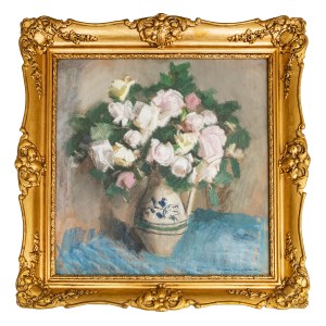 Stefan Filipkiewicz, Bouquet of roses on a blue tablecloth
