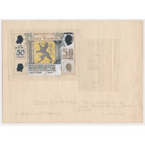 DRAFT notgeld of the city of WEIMAR, 50 pfennig, signed Menzel