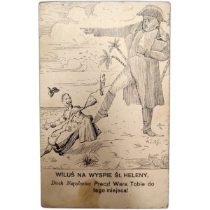 Wiluś na Wyspie Świętej Heleny - pocztówka, karykatura polityczno-satyryczna, Wyd. HOŻA [ Napoleon, Wilhelm II ]