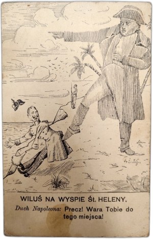 Wiluś on the Island of Saint Helena - postcard, political-satirical caricature, HOŻA Publishing House [ Napoleon, Wilhelm II ].