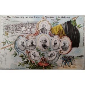 Pocztówka okolicznościowa ( litografia barwna ) z okazji manewrów wojskowych w Jaśle (1900). [ Galicja, Franc Joseph, Cesarz Franciszek Józef ]