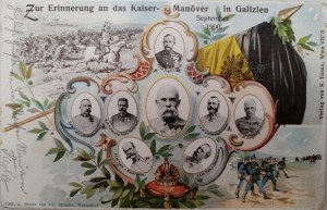 Occasional postcard ( color lithograph ) on the occasion of military maneuvers in Jaslo (1900). [Galicia, Franc Joseph, Emperor Franz Joseph ].