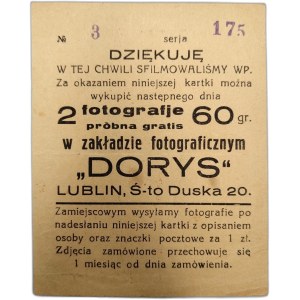 Zakład fotograficzny DORYS - Lublin - karta wykupu fotografii, ca 1920