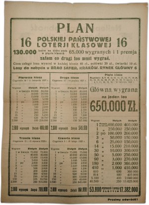 Polish State Cash Lottery - plan of the 16th Polish State Class Lottery with draw dates in 1927 and 1928