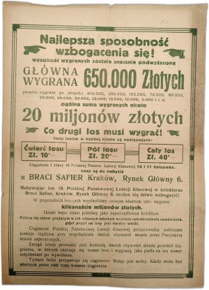 Polish State Cash Lottery - plan of the 16th Polish State Class Lottery with draw dates in 1927 and 1928