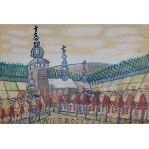 Nikifor Krynicki, PEJZAŻ MIEJSKI Z DREWNIANYM KOŚCIOŁEM