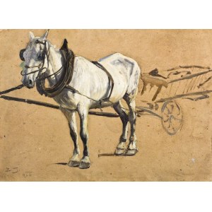 Zygmunt JÓZEFCZYK, SIWEK PRZY DRABINIASTYM WOZIE, 1944Olej, tektura; 36,5 x 51 cmSygnowany l.d.: Z. J. 944.Na odwrocie ołówkowe szkice koni i powozów