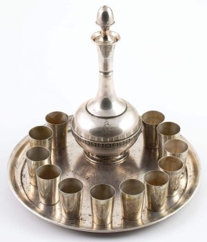 VODKA SET, Poland, Warsaw, Krupski and Matulewicz, 1929, tray, decanter and 12 glasses