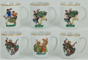 SEVEN MUGS WITH POLISH DANCES, Poland, Jaworzyna Slaska, Karolina, Wloclawek, ca. 1970.
