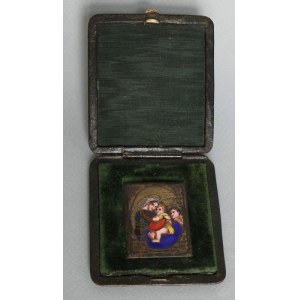Miniatura Matka Boska z Dzieciątkiem i Janem Chrzcicielem wg Rafaela Santi, w etui(XIX/XX w.)