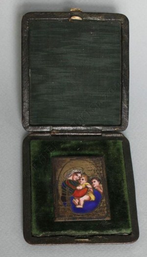 Miniatura Matka Boska z Dzieciątkiem i Janem Chrzcicielem wg Rafaela Santi, w etui(XIX/XX w.)