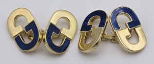 Jewellery - Pair of cufflinks in yellow gold and blue enamel. Signed G...