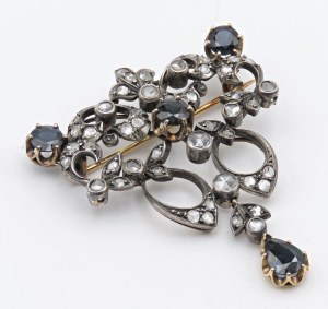 Jewellery - Brooch in gold,silver,diamonds t.old and sapphires...