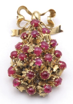 Jewellery - Yellow gold brooch and cabochon rubies. gr.20.70...