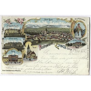 [ŻYWIEC]. Pozdrowienie z Żywca - Galicya. Miasto Żywiec, Arcyks. stary Zamek, Arcyks. zamek, Ratusz,...