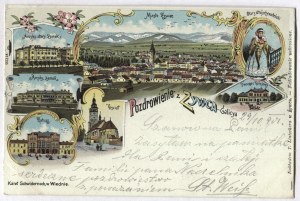 [ZYWIEC]. Greetings from Zywiec - Galicya. City of Zywiec, Archduke Old Castle, Archduke Castle, Town Hall,...