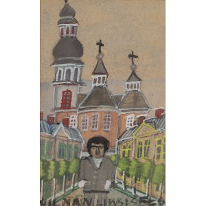 Nikifor Krynicki (1895 Krynica - 1968 Folusz), Autoportret na tle kościoła, koniec lat 50. XX w.