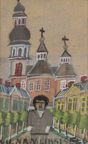 Nikifor Krynicki (1895 Krynica - 1968 Folusz), Self-portrait against the background of a church, late 1950s.