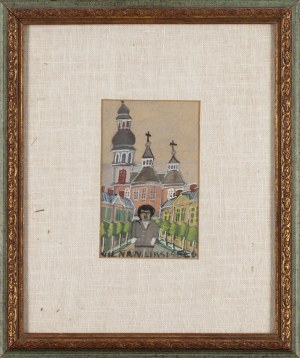 Nikifor Krynicki (1895 Krynica - 1968 Folusz), Self-portrait against the background of a church, late 1950s.