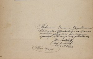 Lviv Bractwo Kurkowe in Lviv] Photograph of King of the Balls of Hounds Jan Sudhoff with dedication. Lviv, 24/6 1922. Photo by Lissa Lviv [Rifle Society].